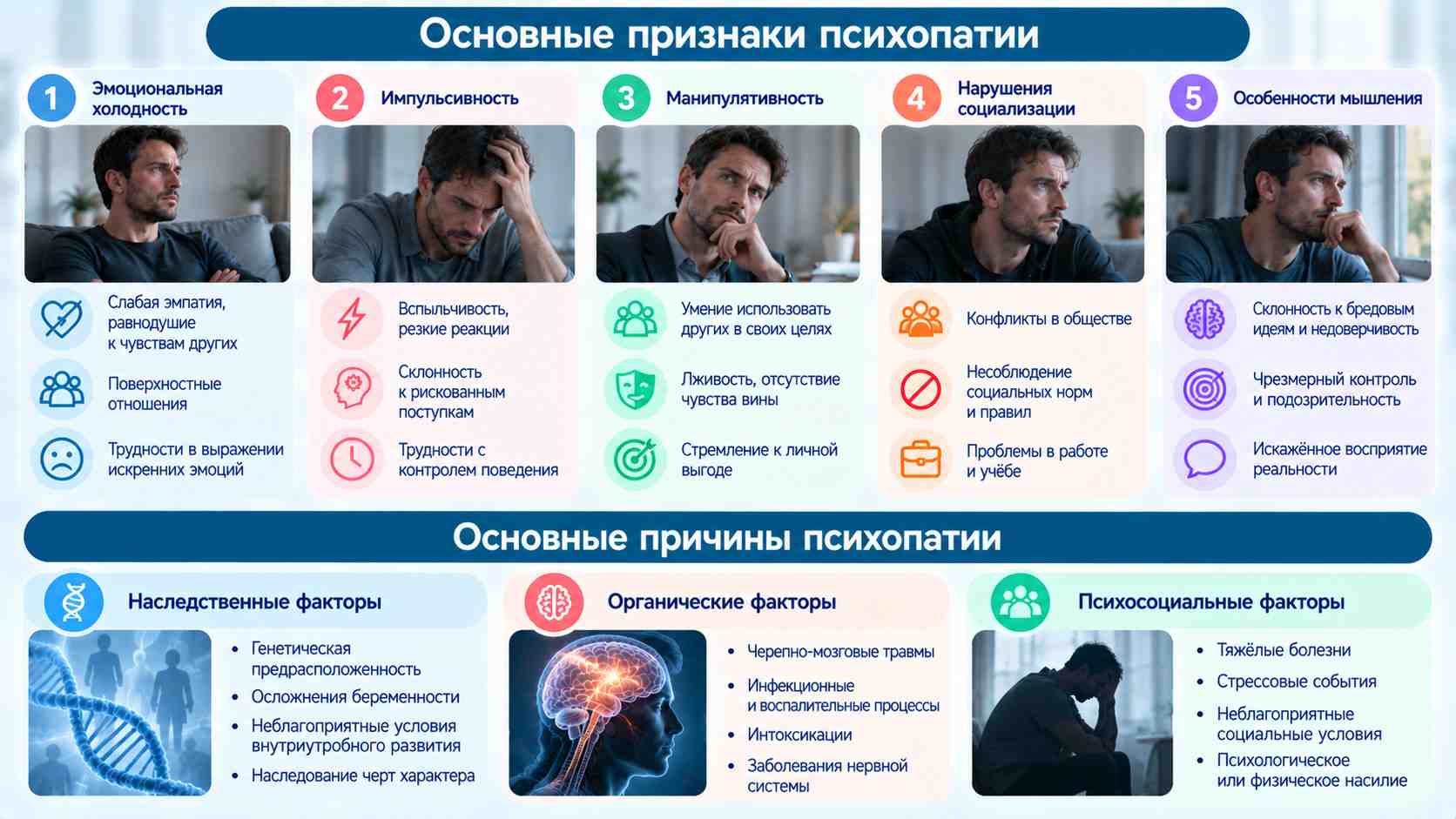 Инфографика о признаках и причинах психопатии: эмоциональная холодность, импульсивность, особенности поведения, наследственные, органические и психосоциальные факторы.